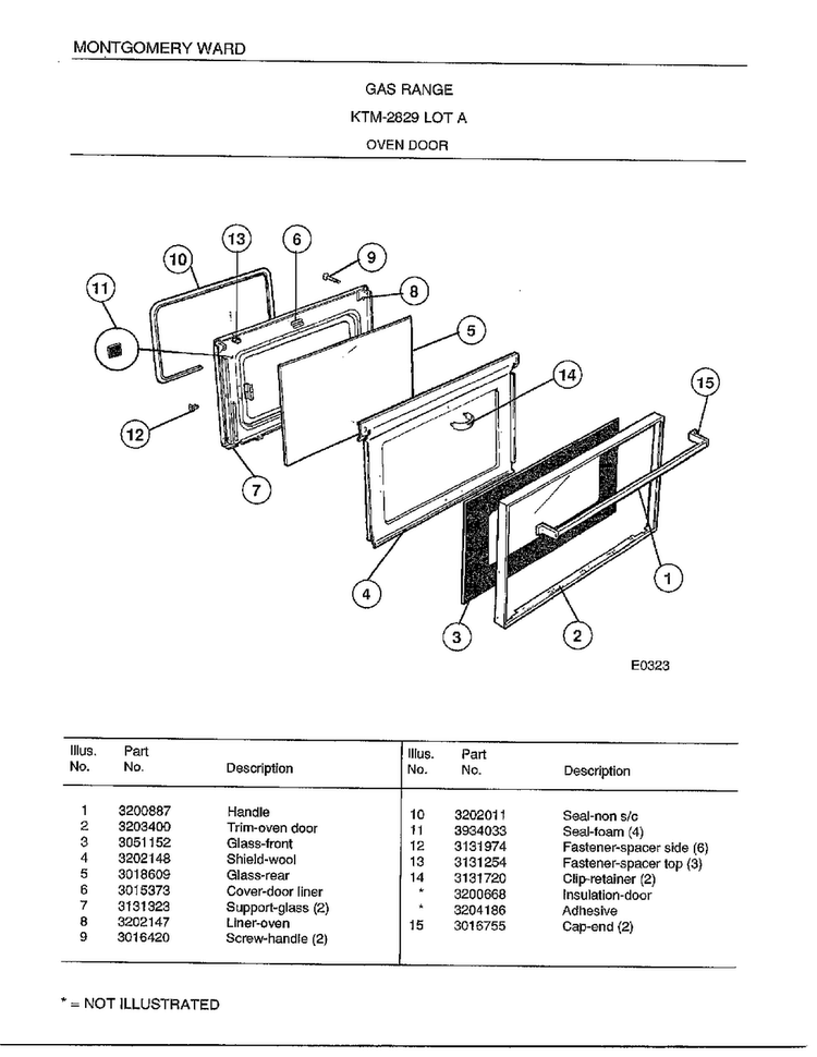 Gas Range/ Oven Door Diagram and Parts List for 2829A  Frigidaire Range