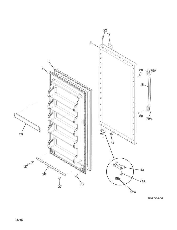 Door Diagram and Parts List for FFFU14F1RW4  Frigidaire Freezer
