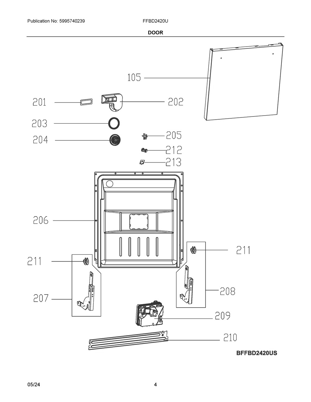 Door Diagram and Parts List for FFBD2420US0A  Frigidaire Dishwasher