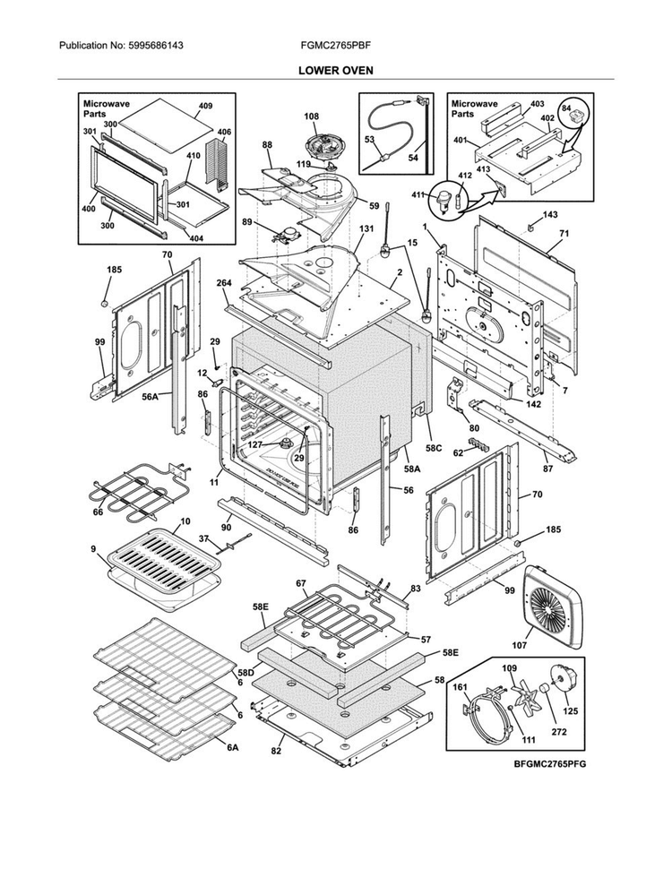 Lower Oven Diagram and Parts List for FGMC2765PBF  Frigidaire Microwave Oven Combo