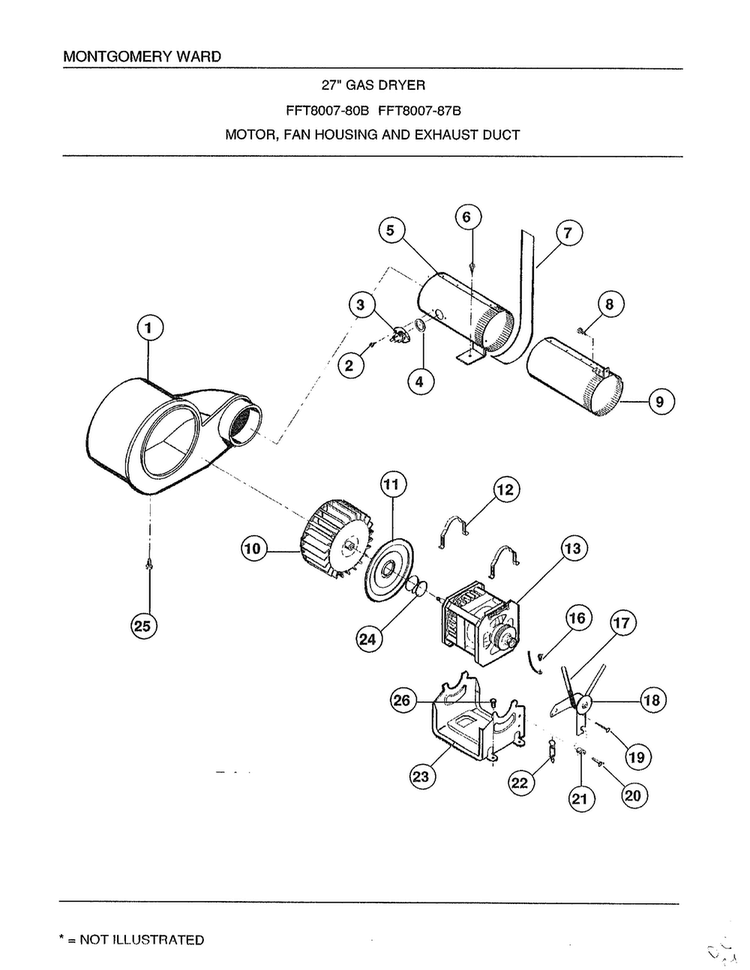 Motor/fan Housing And Exhaust Duct Diagram and Parts List for 8007B  Frigidaire Dryer