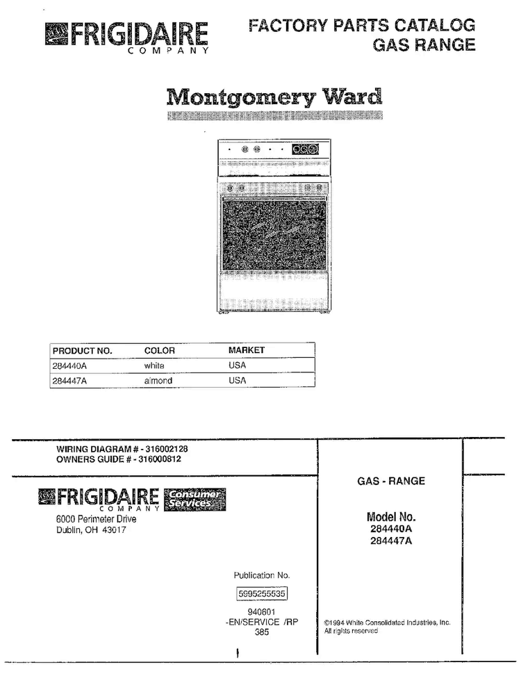 Gas Range Front Cover Diagram and Parts List for 284447A  Frigidaire Range