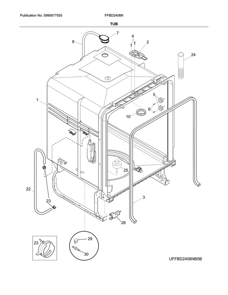 Tub Diagram and Parts List for FFBD2408NM7C  Frigidaire Dishwasher