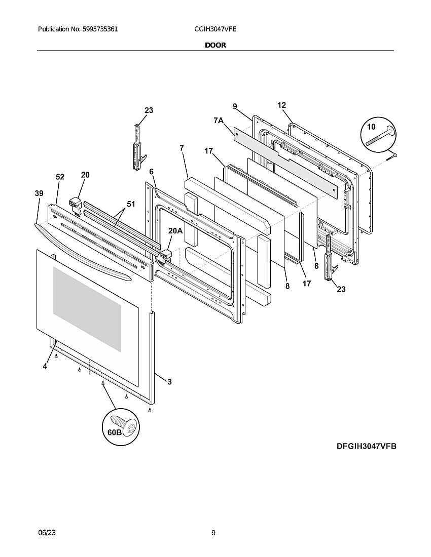 Door Diagram and Parts List for CGIH3047VFE  Electrolux Range