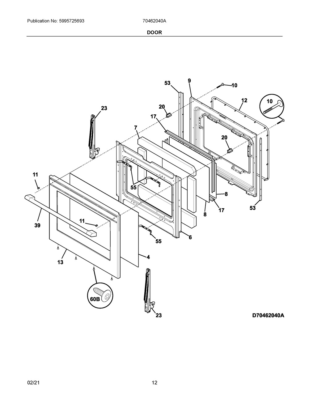 Door Diagram and Parts List for 70462040A  Frigidaire Range