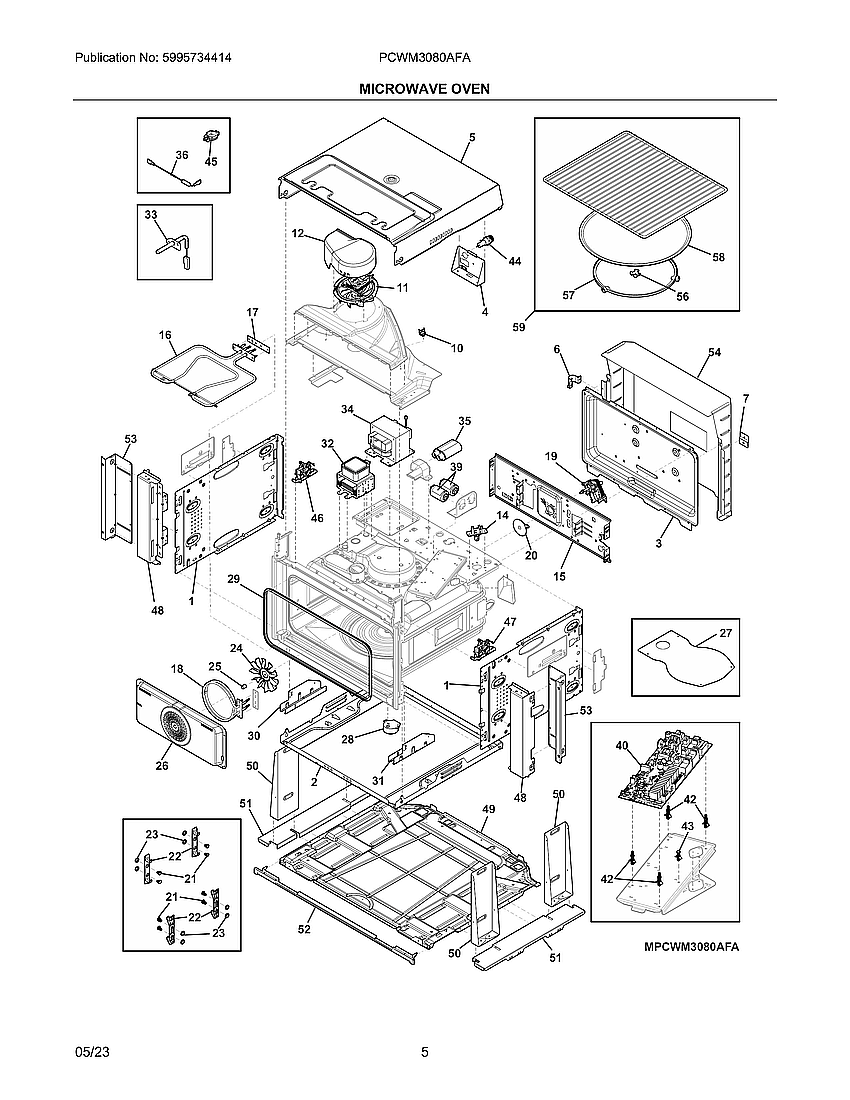 Microwave Oven Diagram and Parts List for PCWM3080AFA  Electrolux Microwave Oven Combo