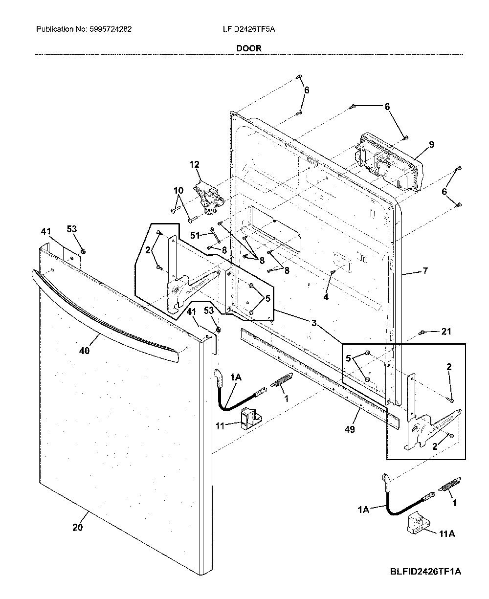 Door Diagram and Parts List for LFID2426TF5A  Frigidaire Dishwasher