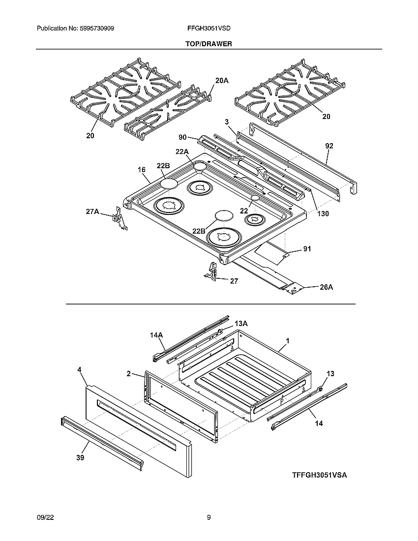 Top/Drawer Diagram and Parts List for FFGH3051VSD  Frigidaire Range