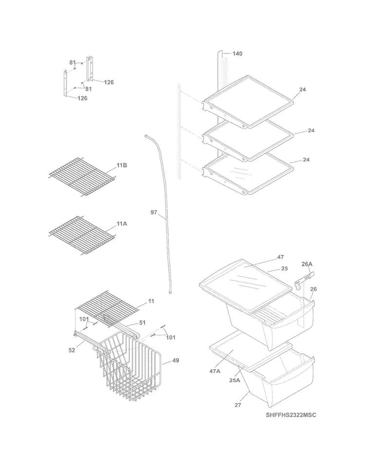 Shelves Diagram and Parts List for FFHS2322MBGA  Frigidaire Refrigerator