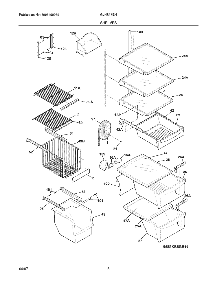 SHELVES Diagram and Parts List for GLHS37EHQ4  Frigidaire Refrigerator