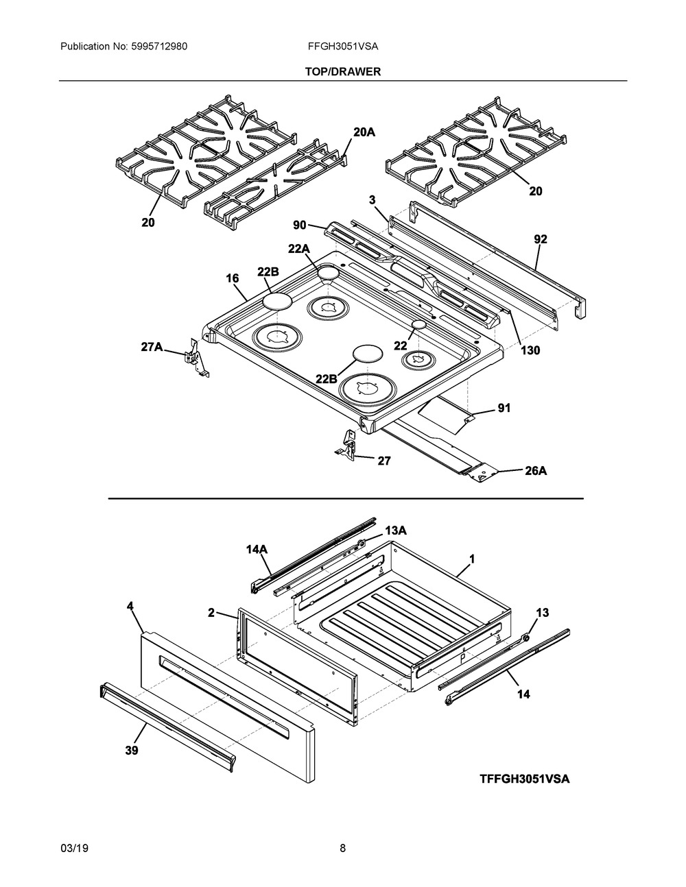 Top/drawer Diagram and Parts List for FFGH3051VSA  Frigidaire Range