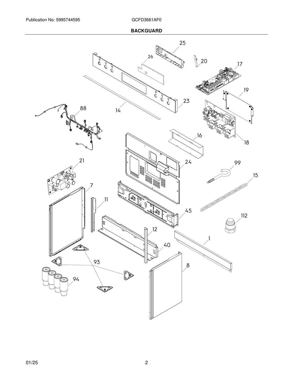 Backguard Diagram and Parts List for GCFD3661AF0  Frigidaire Range