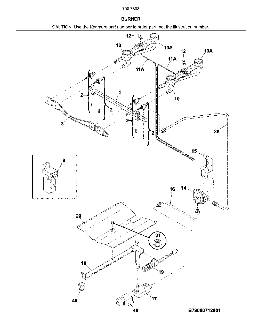 Burner Diagram and Parts List for 79073039316  Kenmore Range
