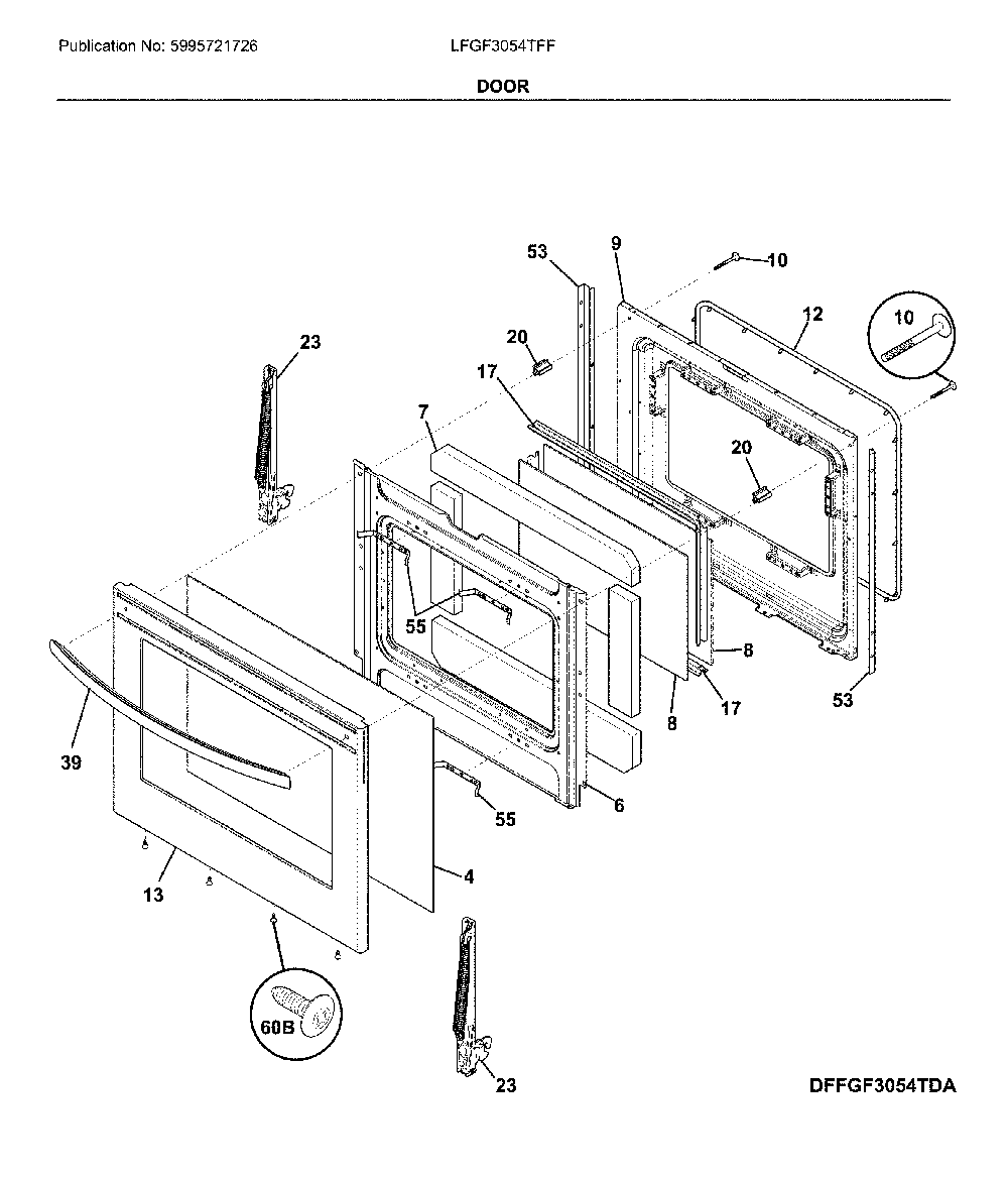 Door Diagram and Parts List for LFGF3054TFF  Frigidaire Range