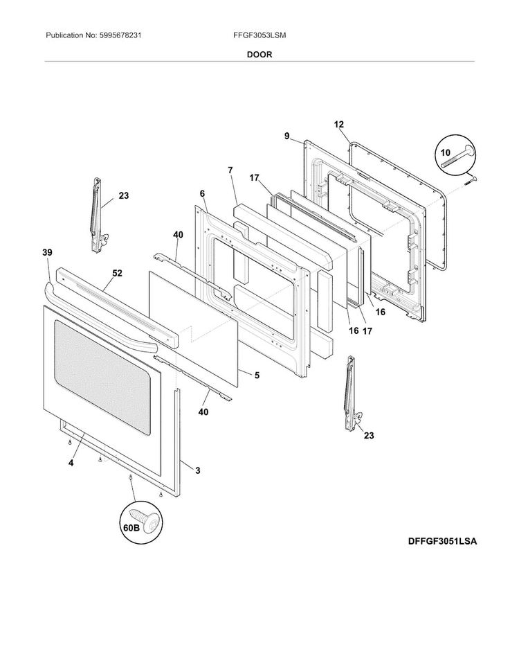 Door Diagram and Parts List for FFGF3053LSM  Frigidaire Range