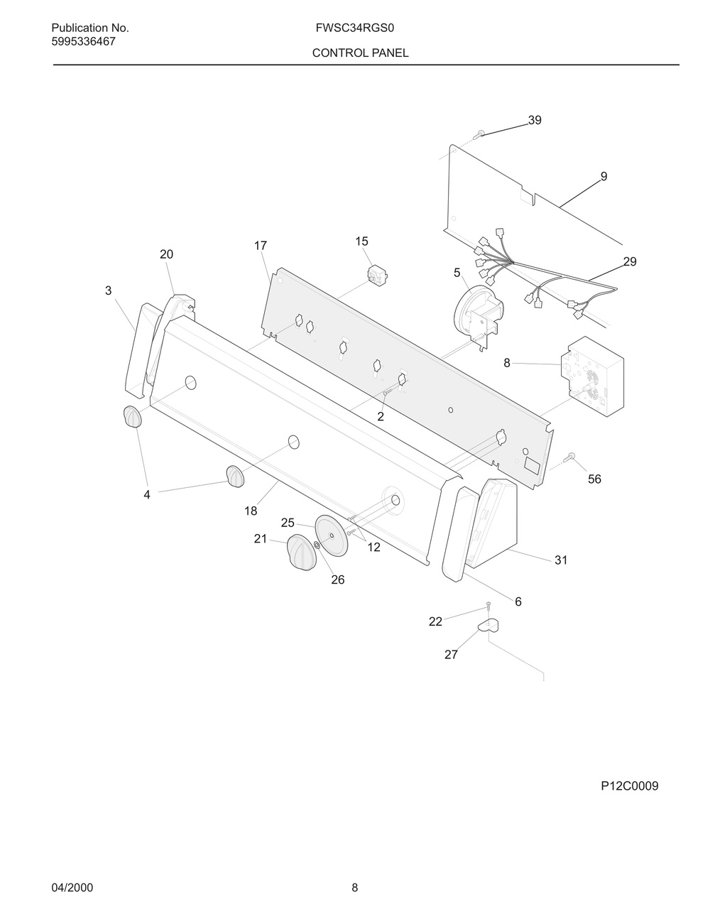 Control Panel Diagram and Parts List for FWSC34RGS0  Frigidaire Washer