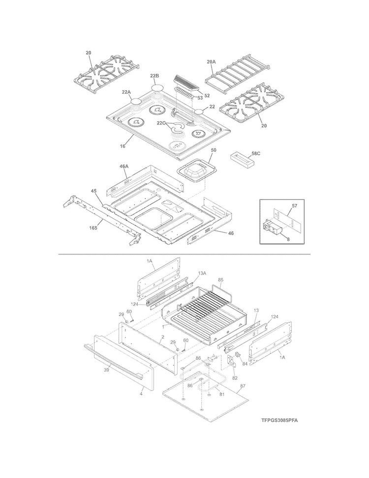Top/drawer Diagram and Parts List for FPGS3085PFD  Frigidaire Range