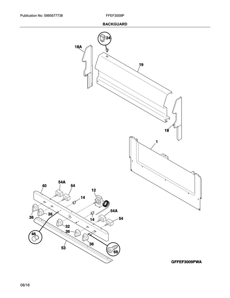 Backguard Diagram and Parts List for FFEF3009PWC  Frigidaire Range