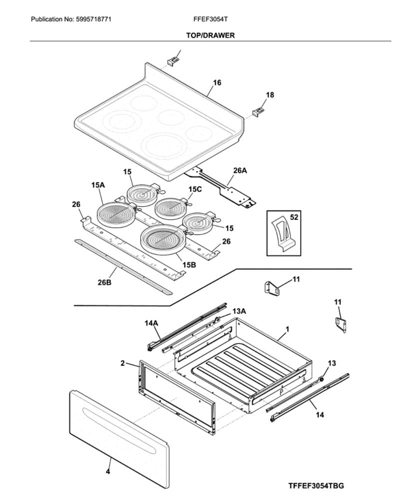 Top/Drawer Diagram and Parts List for FFEF3054TBJ  Frigidaire Range