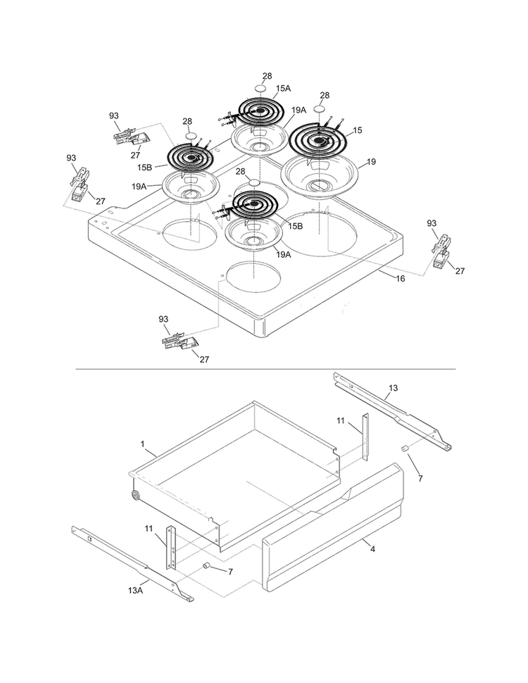 Top/drawer Diagram and Parts List for CFEF2405LWD  Frigidaire Range