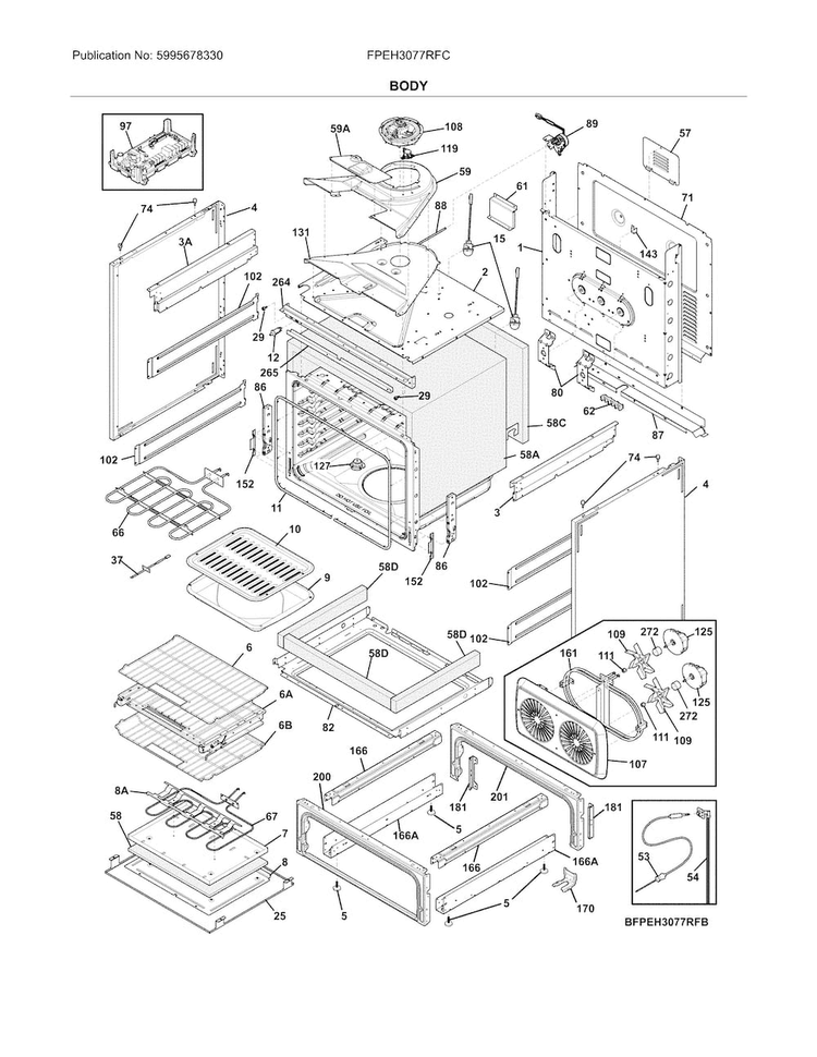 Body Diagram and Parts List for FPEH3077RFC  Frigidaire Range