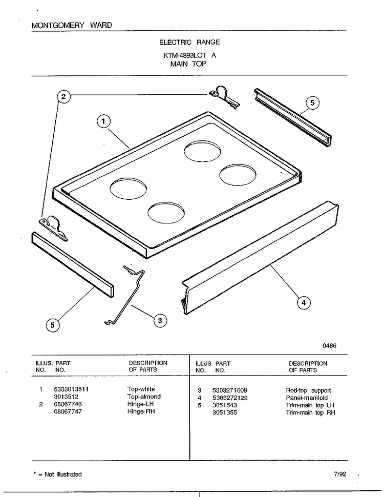 Main Top Diagram and Parts List for 4893A  Frigidaire Range