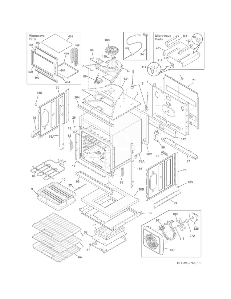 Lower Oven Diagram and Parts List for FGMC2765PFE  Frigidaire Microwave Oven Combo