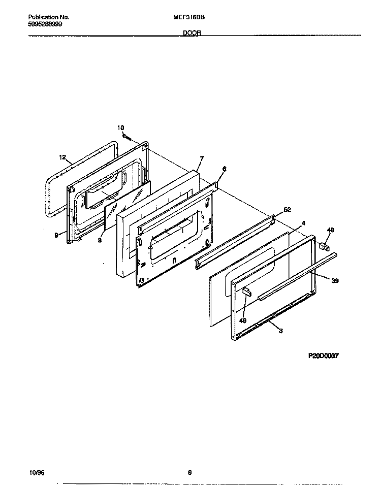 DOOR Diagram and Parts List for MEF318BBWE  Frigidaire Range