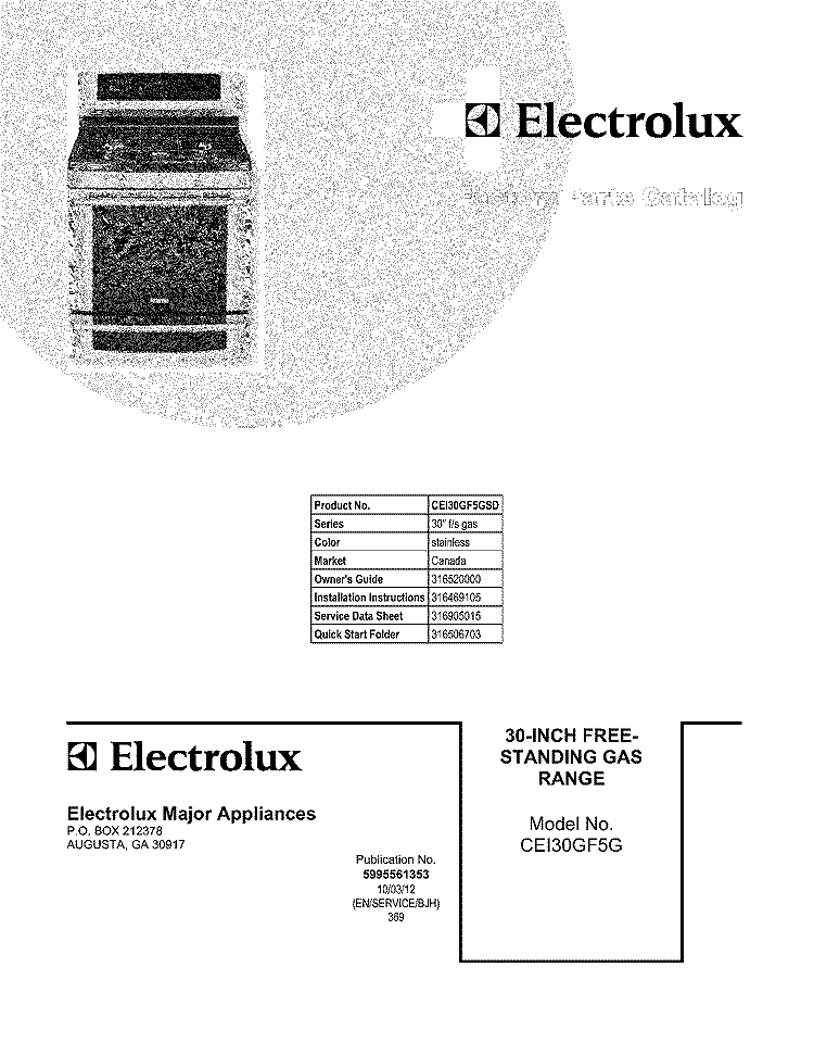 COVER Diagram and Parts List for CEI30GF5GSD  Electrolux Range