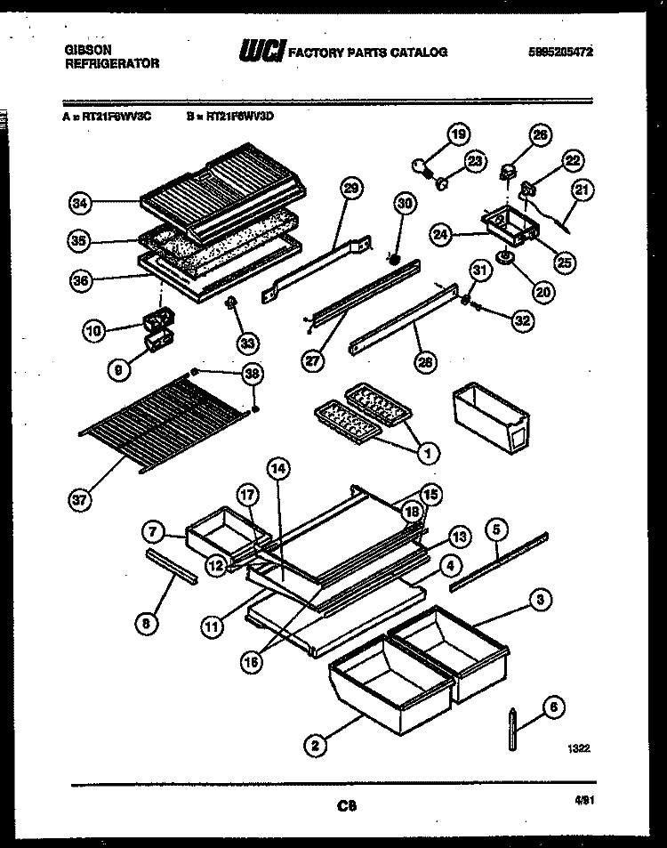 SHELVES AND SUPPORTS Diagram and Parts List for RT21F6WV3C  Gibson Refrigerator
