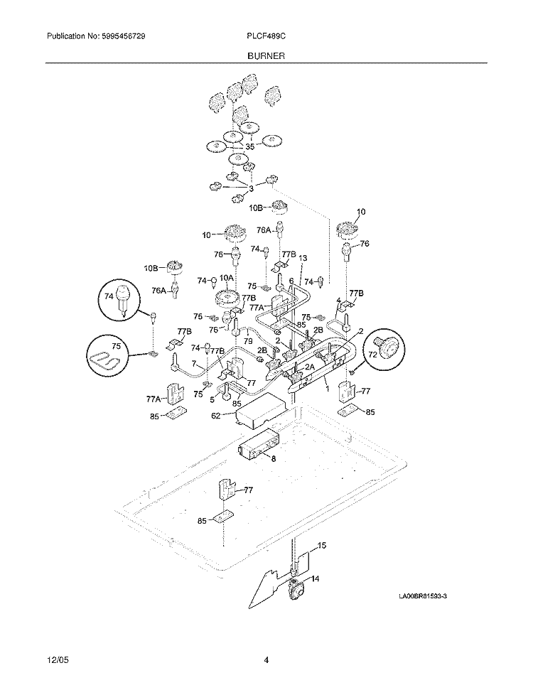 BURNER Diagram and Parts List for PLCF489CCF  Frigidaire Range