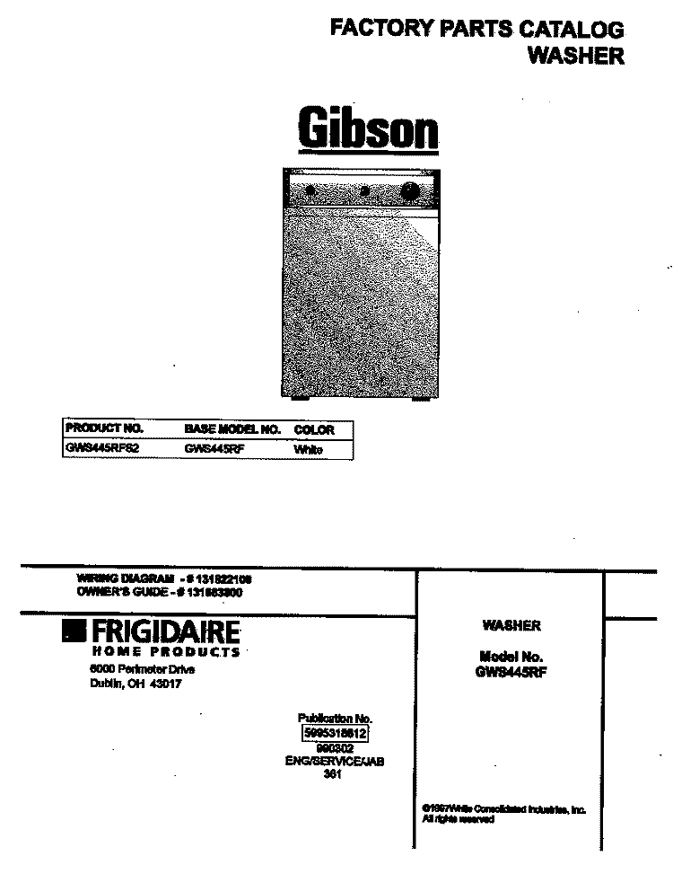 COVER Diagram and Parts List for GWS445RFS2  Gibson Washer