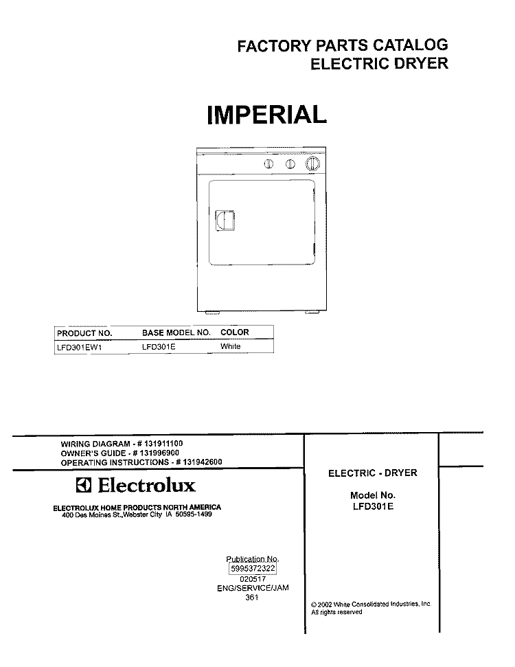 COVER Diagram and Parts List for LFD301EW1  Frigidaire Dryer