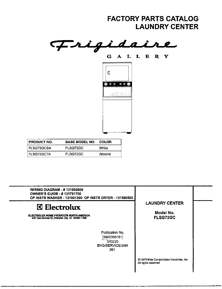 COVER Diagram and Parts List for FLSG72GCSTA  Frigidaire Washer Dryer Combo