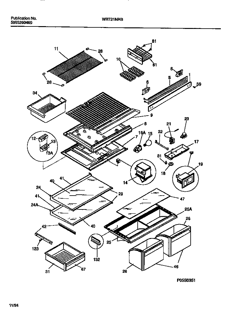 SHELVES, CONTROLS, DIVIDER, MULLION Diagram and Parts List for WRT21NRBW1  Frigidaire Refrigerator