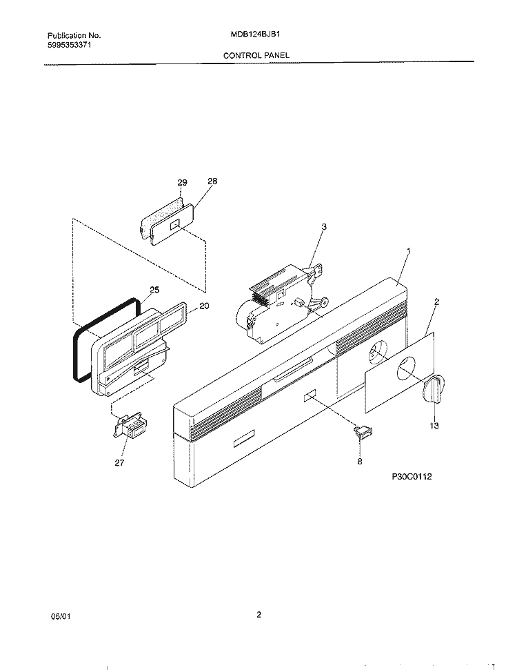 CONTROL PANEL Diagram and Parts List for MDB124BJB1  Uni Dishwasher