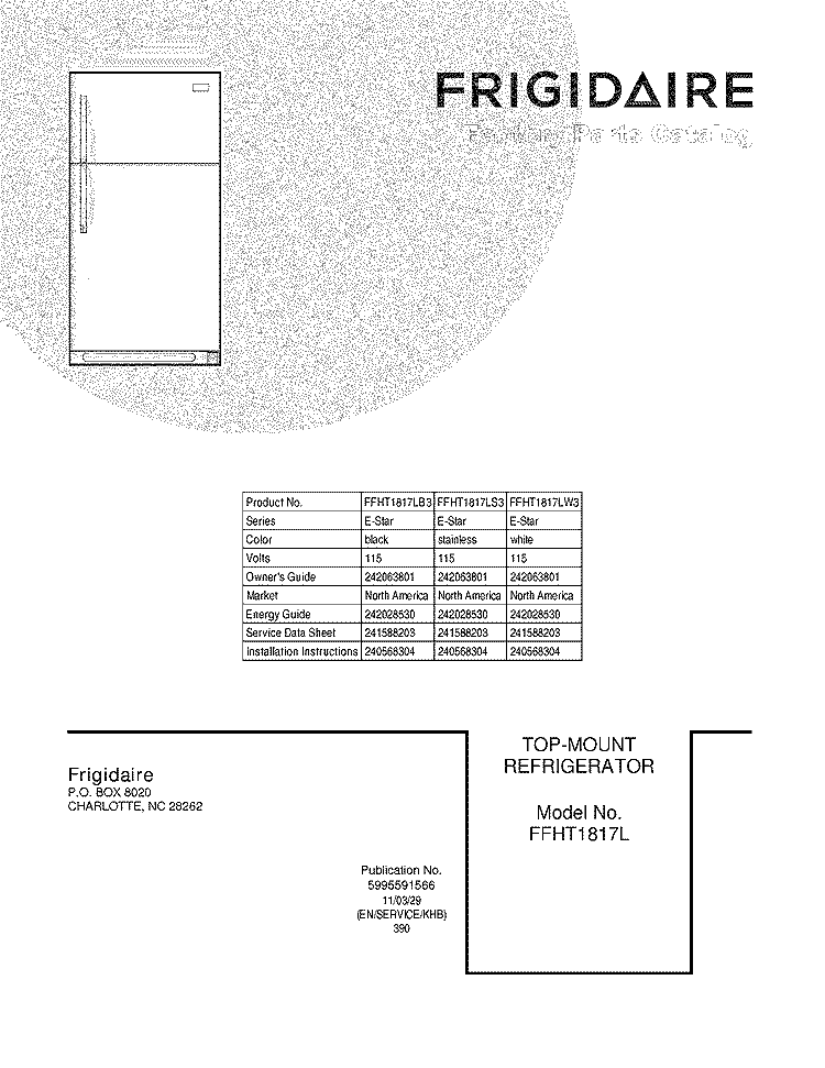 COVER Diagram and Parts List for FFHT1817LB3  Frigidaire Refrigerator