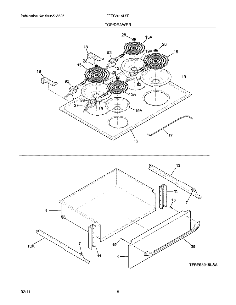 TOP/DRAWER Diagram and Parts List for FFES3015LSB  Frigidaire Range