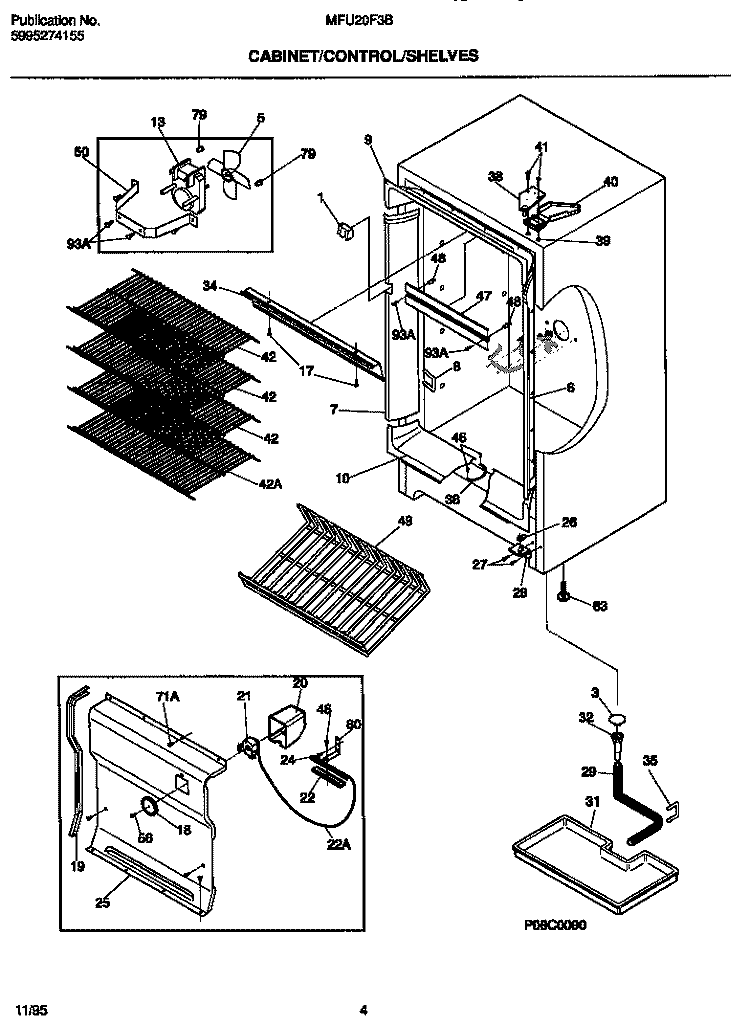 CABINET / CONTROL / SHELVES Diagram and Parts List for MFU20F3BW3  Frigidaire Freezer
