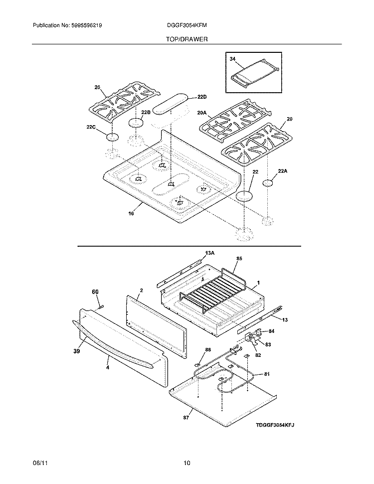 TOP/DRAWER Diagram and Parts List for DGGF3054KFM  Frigidaire Range
