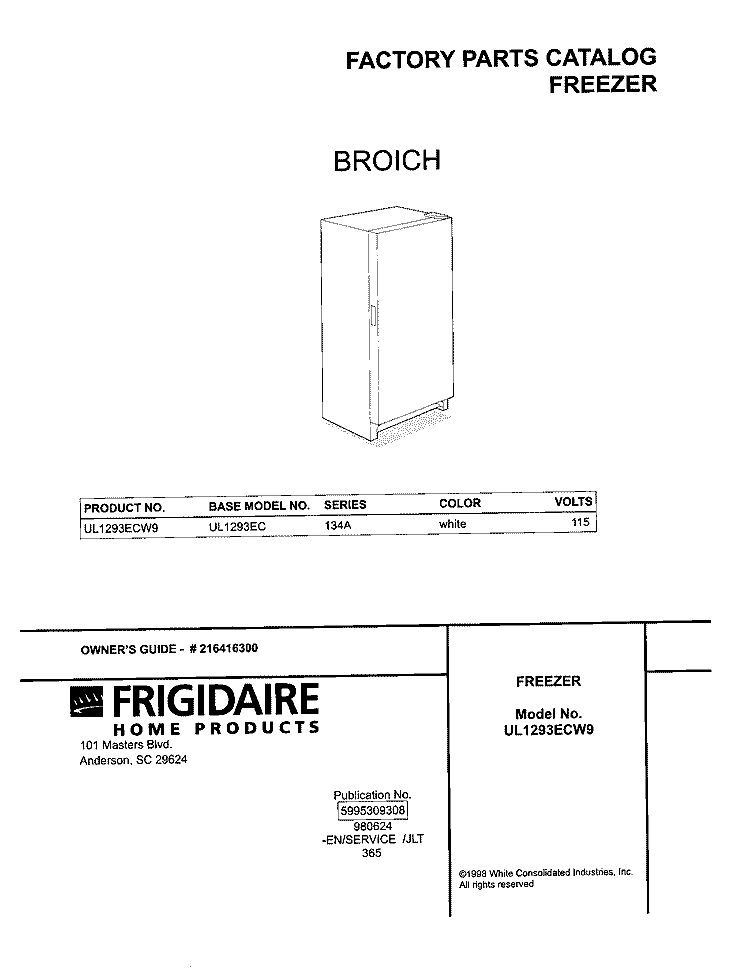 COVER Diagram and Parts List for UL1293ECW9  Electrolux Freezer