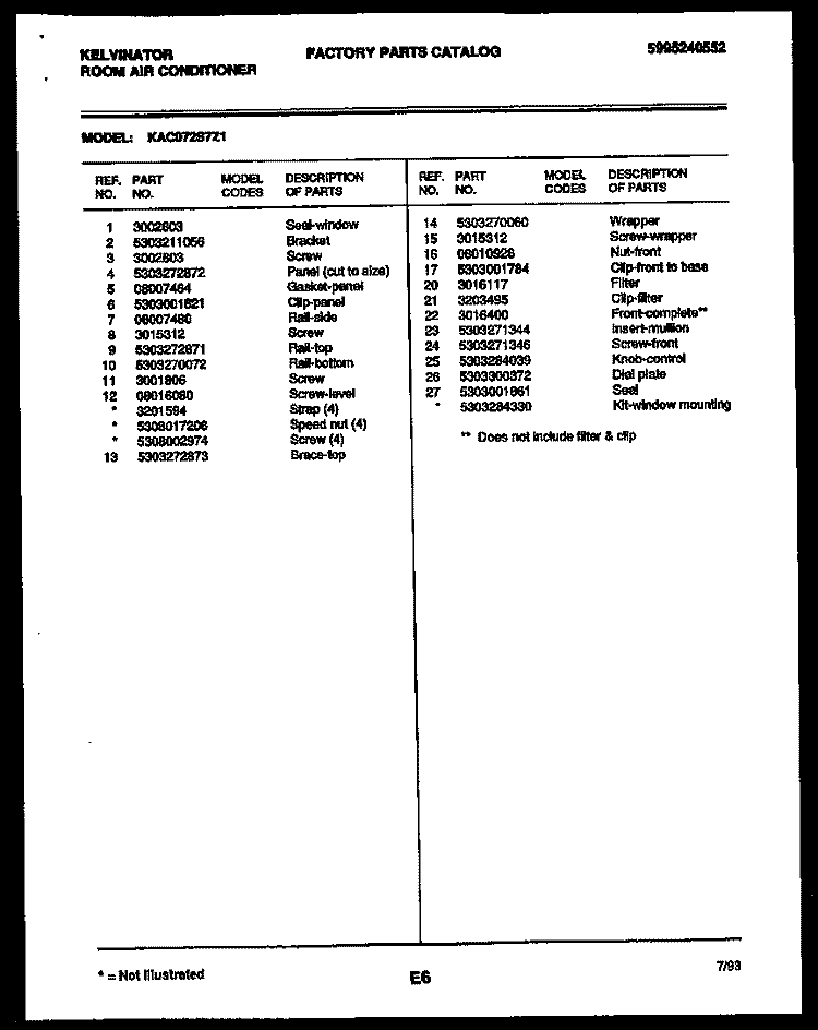 WINDOW KIT Diagram and Parts List for KAC072S7Z1  Kelvinator Air Conditioner