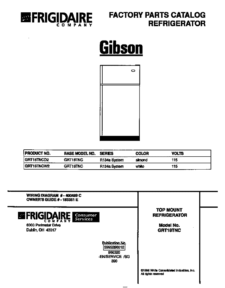 COVER Diagram and Parts List for GRT18TNCD2  Gibson Refrigerator