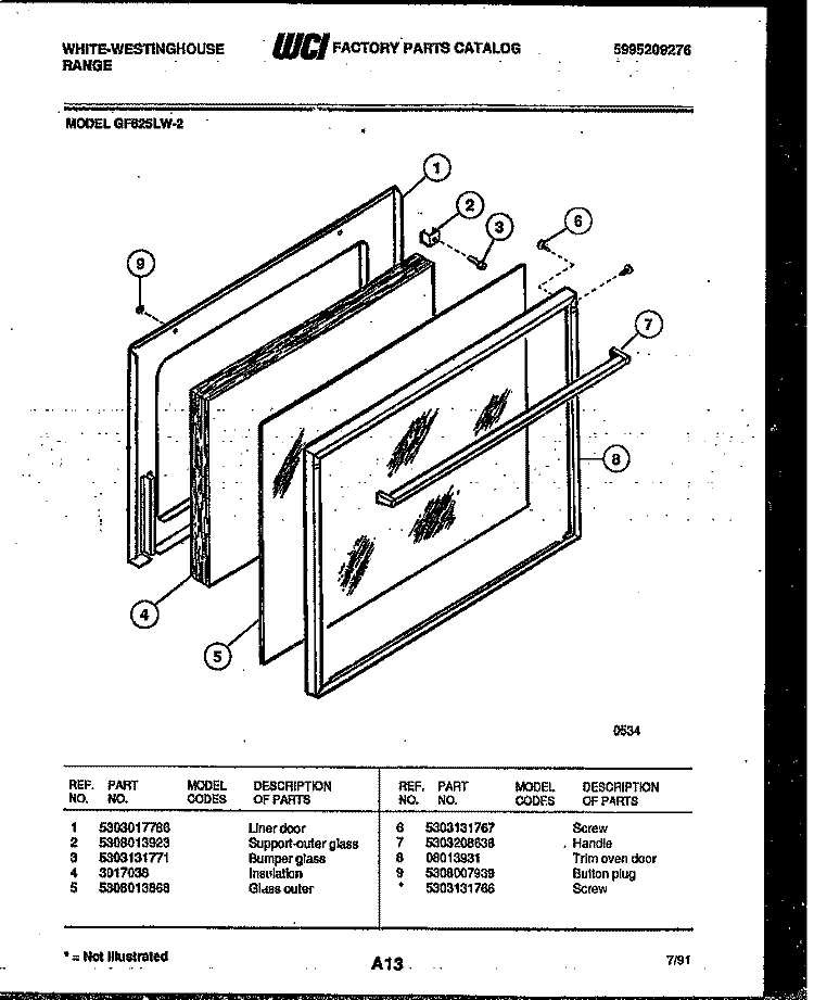 DOOR PARTS Diagram and Parts List for GF625LW2  Frigidaire Range