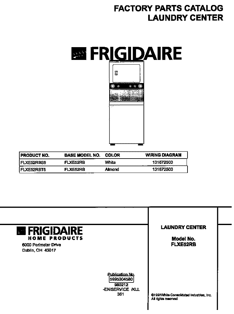 COVER Diagram and Parts List for FLXE52RBT6  Frigidaire Washer Dryer Combo
