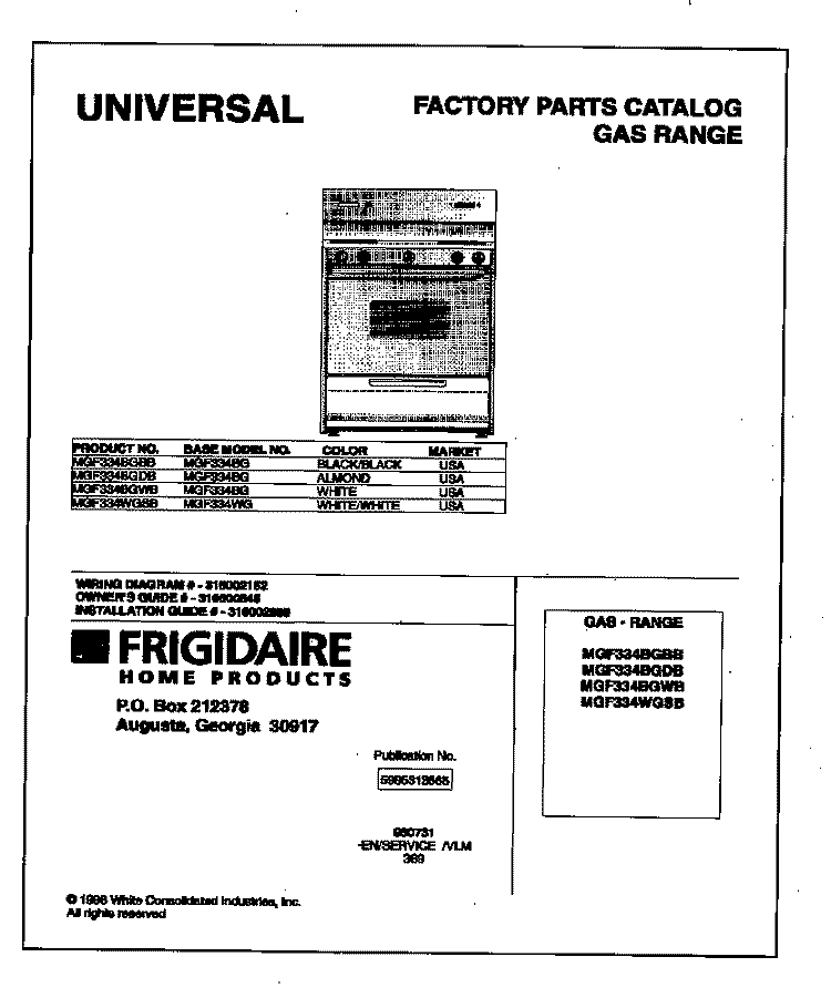 COVER Diagram and Parts List for MGF334BGBB  Frigidaire Range