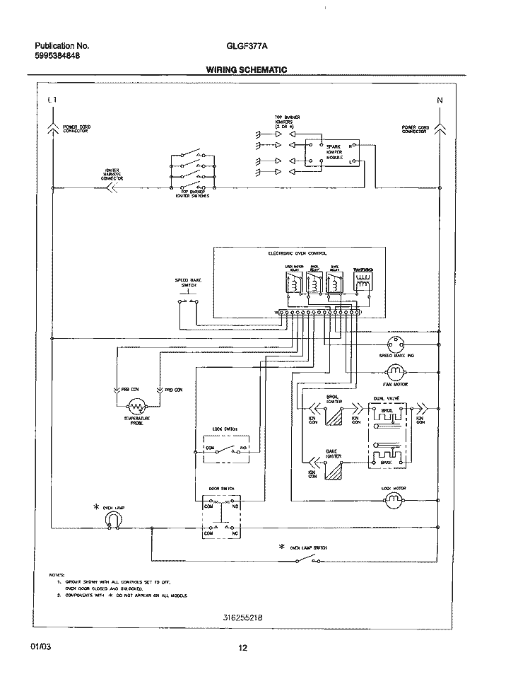 WIRING SCHEMATIC Diagram and Parts List for GLGF377AQG  Frigidaire Range