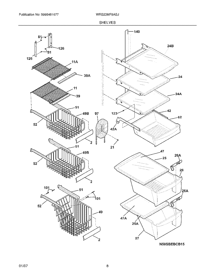 SHELVES Diagram and Parts List for WRS23MF5ASJ  Westinghouse Refrigerator