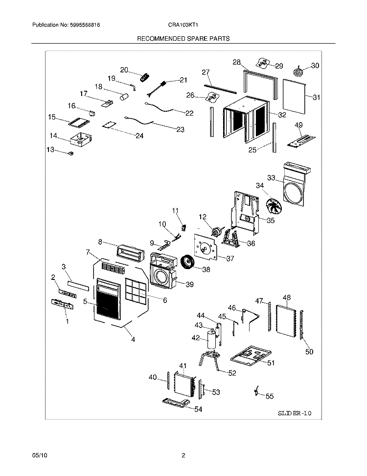 RECOMMENDED SPARE PARTS Diagram and Parts List for CRA103KT11  Frigidaire Air Conditioner