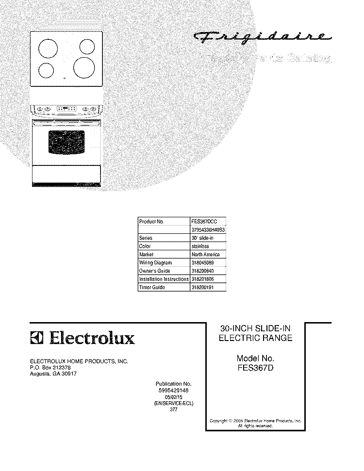 COVER Diagram and Parts List for FES367DCC  Frigidaire Range